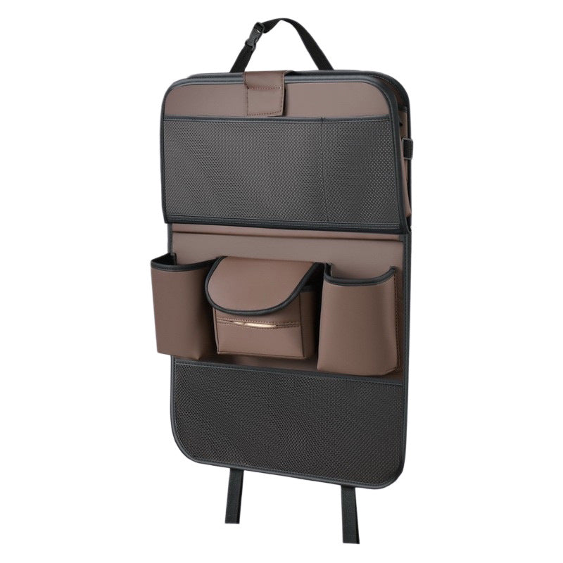 Premium Leather Car Backseat Organizer with Foldable Dining Table