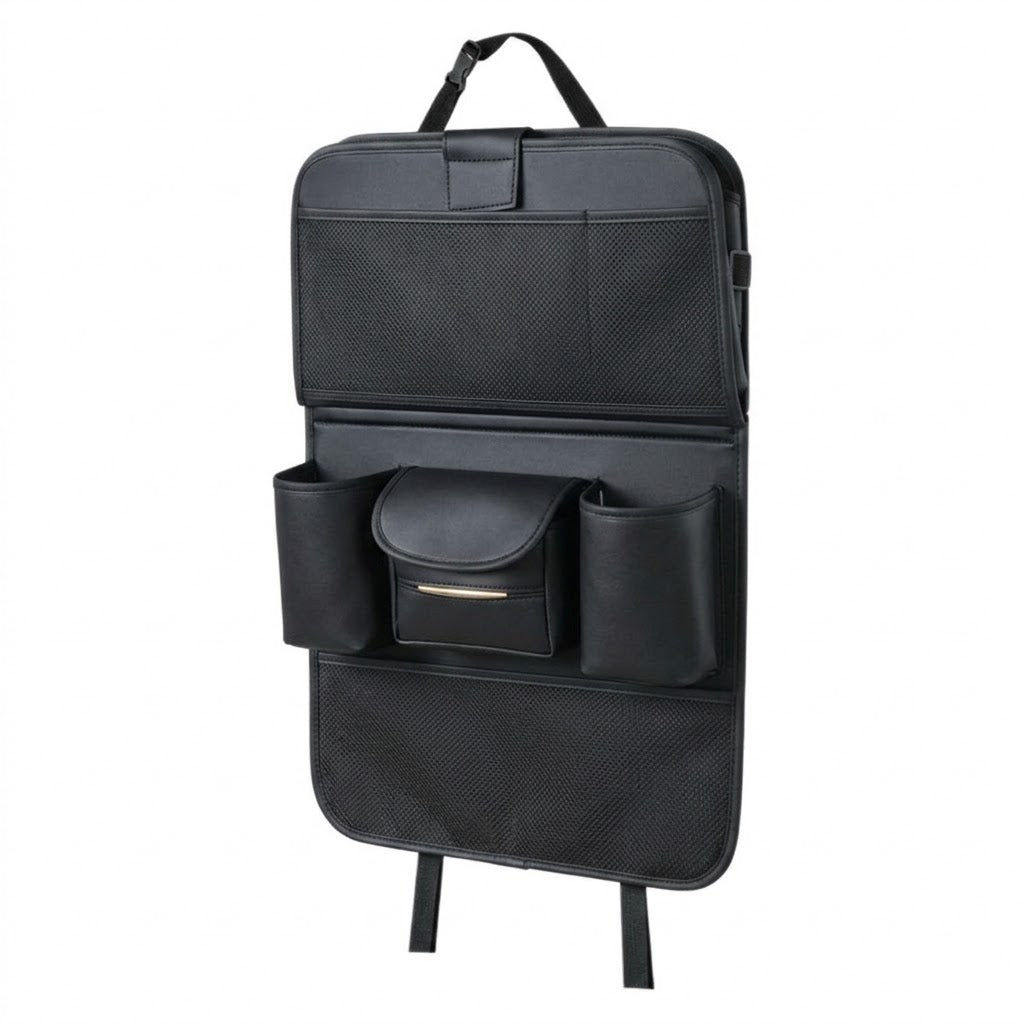 Premium Leather Car Backseat Organizer with Foldable Dining Table