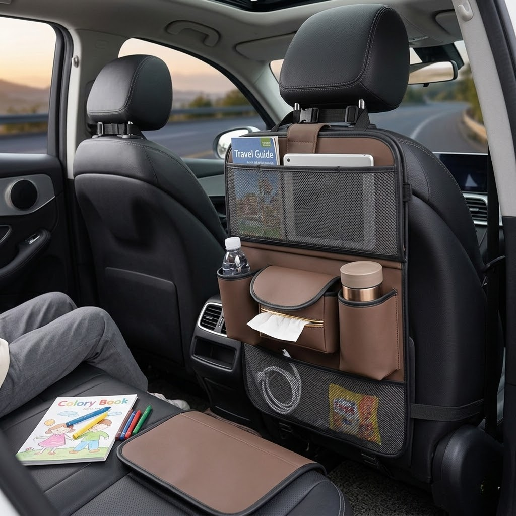 Premium Leather Car Backseat Organizer with Foldable Dining Table